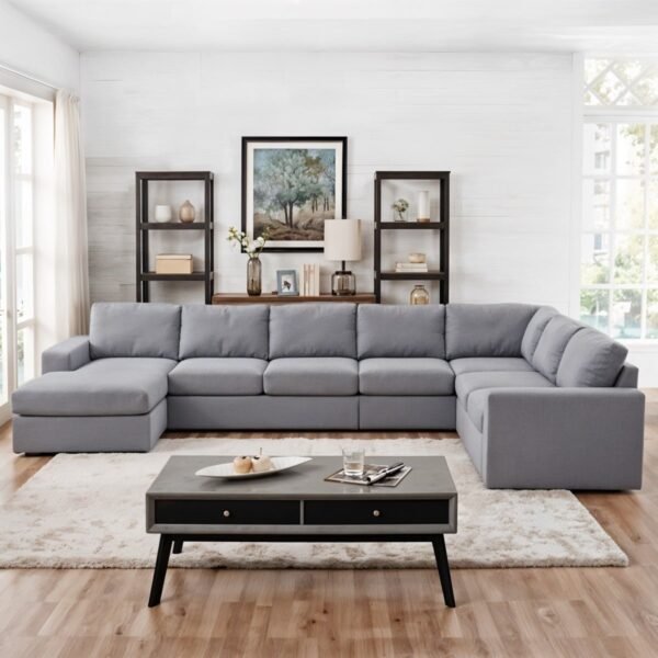 كنبة ركنة خشب زان أحمر و قماش كتان - رمادي