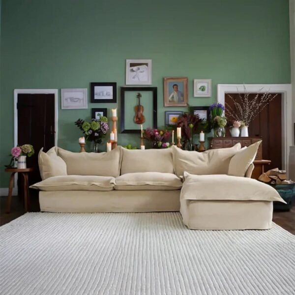 كنبة ركنة خشب زان و قماش كتان - بيج