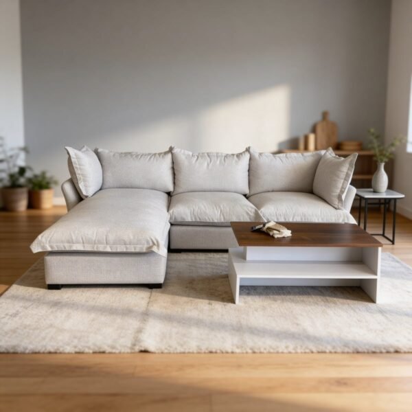 كنبة ركنة خشب زان و كتان - بيج