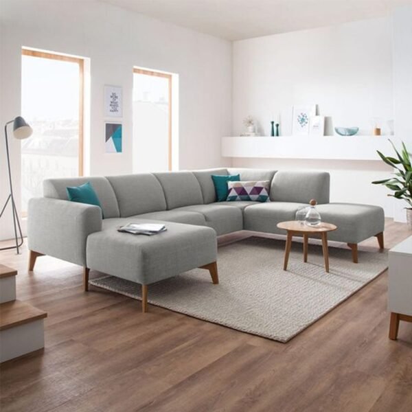 كنبة ركنة خشب زان و قماش كتان - رمادي