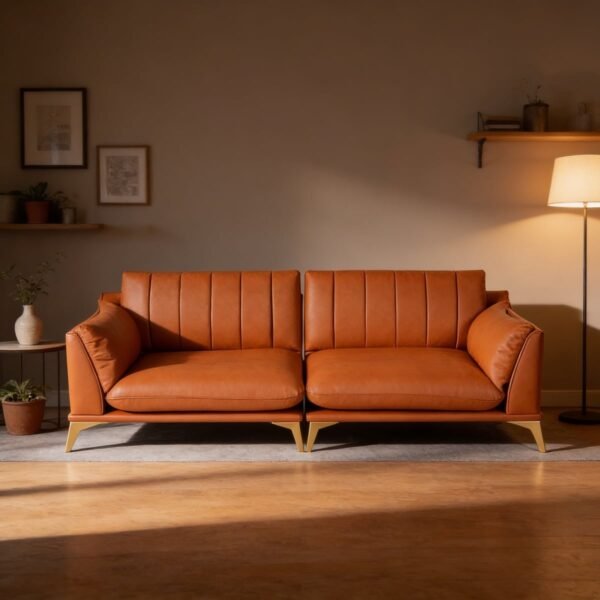 كنبة بمقعدين خشب زان و جلد - بني