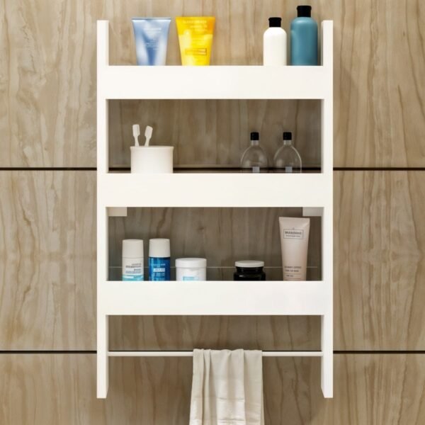 وحدة تخزين حمام خشب حبيبي أبيض - 70 × 14 × 50 سم