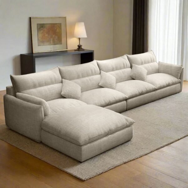 كنبة ركنة خشب طبيعي و قماش كتان ناعم - بيج